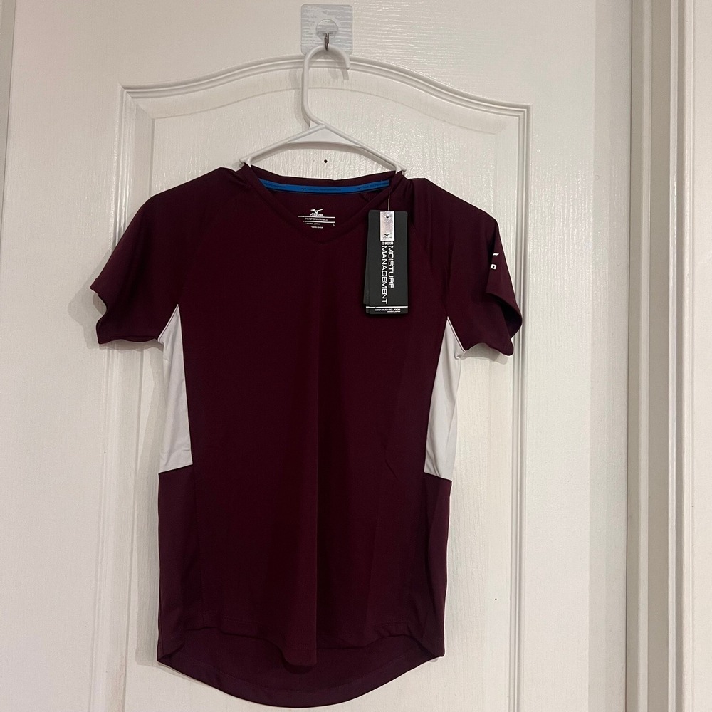 Mizuno Performance Youth Large Burgundy White Moisture Management V-Neck T-Shirt